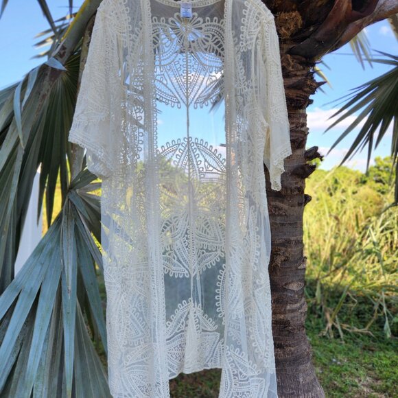 Boho Chic Ivory Lace Kimono Duster Sheer Crochet Beach Cover-Up- CREAM - Picture 2 of 6